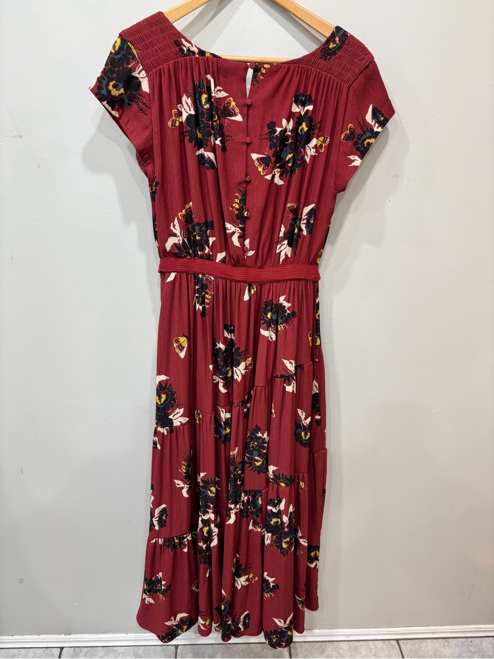 Free People Tiered Belted Floral Burgundy Maxi Dress Women’s Size 8 - Picture 10 of 12